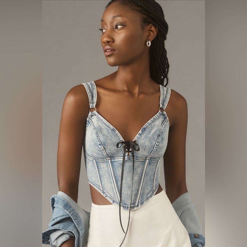 NWT! By Anthropologie Blue Denim Lace-Up Corset Top - Size Medium 🏈